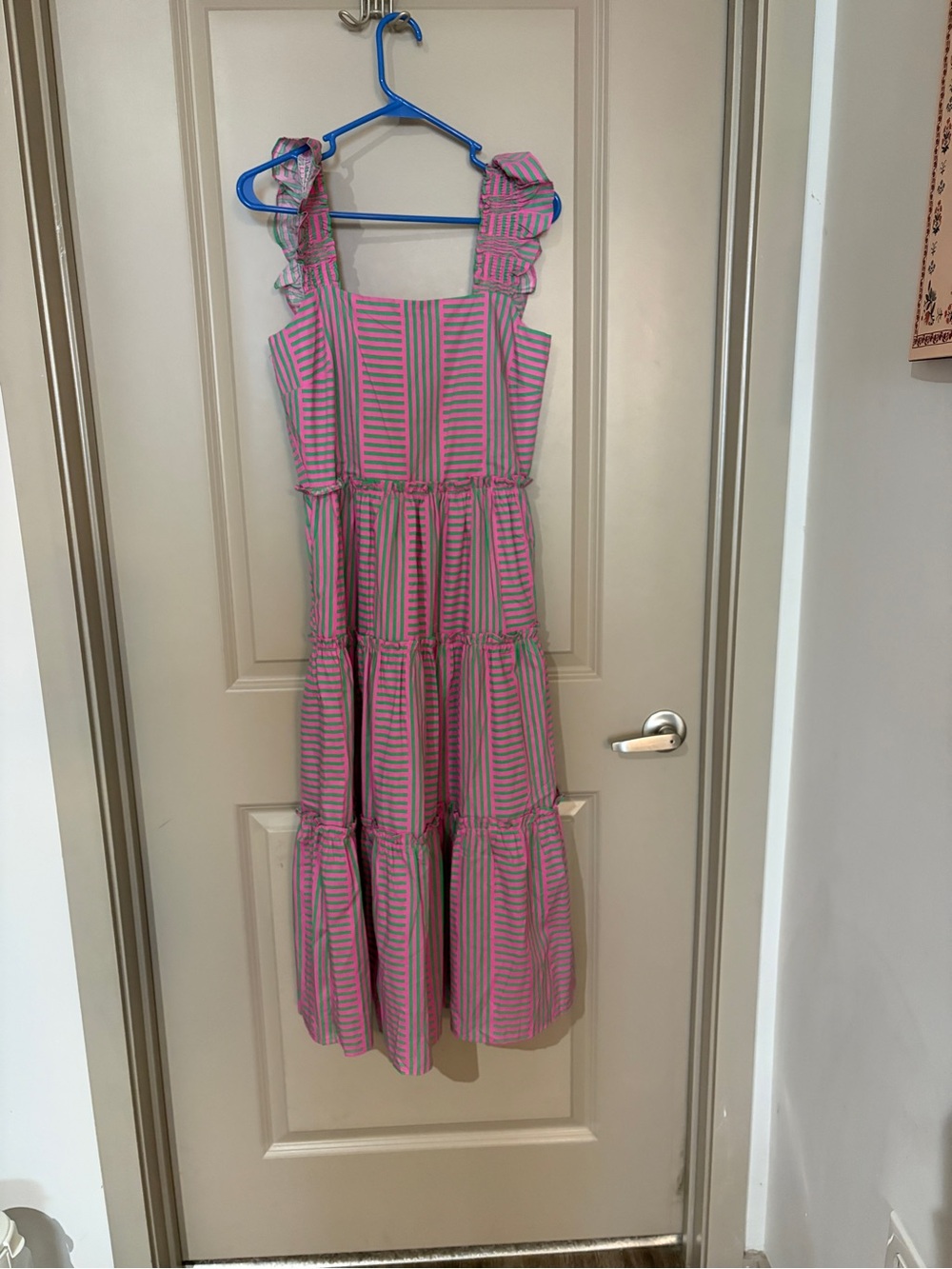 Sleeveless Pink and Gray Striped Tiered Casual Sundress